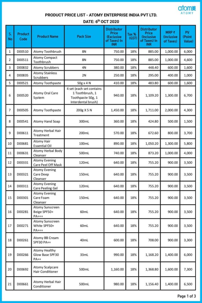 Atomy Products Price List In India Image Table Price List